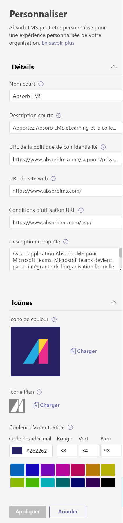 Capture d’écran de la page personnaliser les détails de l’application.