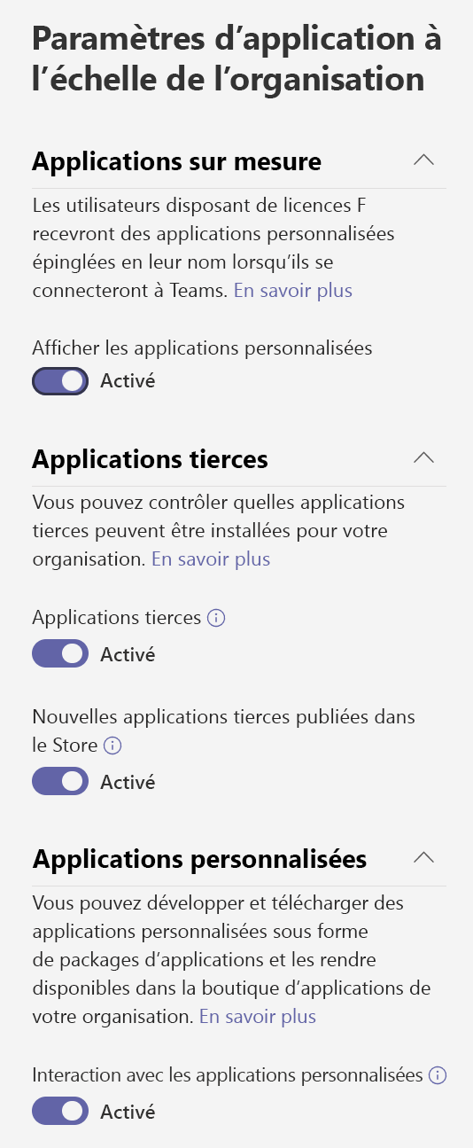  Capture d’écran des paramètres d’application à l’échelle de l’organisation.