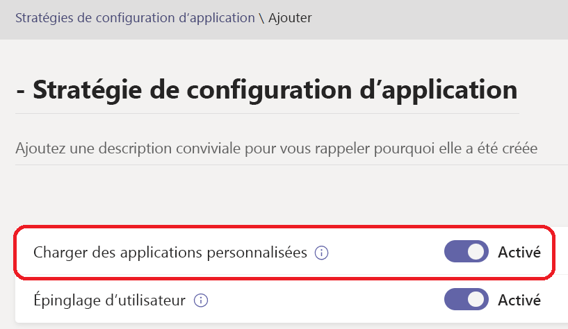  Capture d’écran montrant le paramètre d’application personnalisée de l’utilisateur.