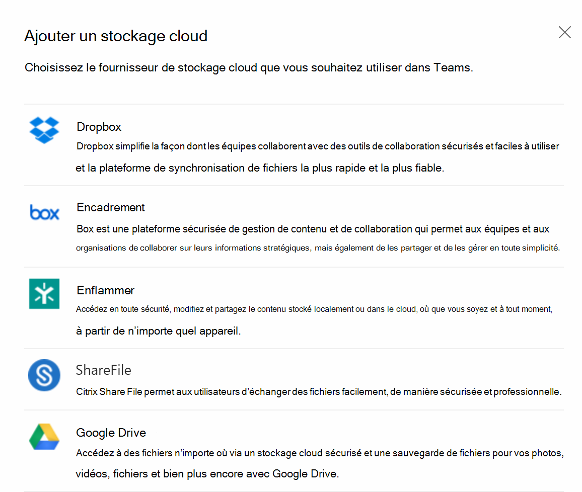  Capture d'écran des options de stockage de fichiers cloud dans le client Teams.