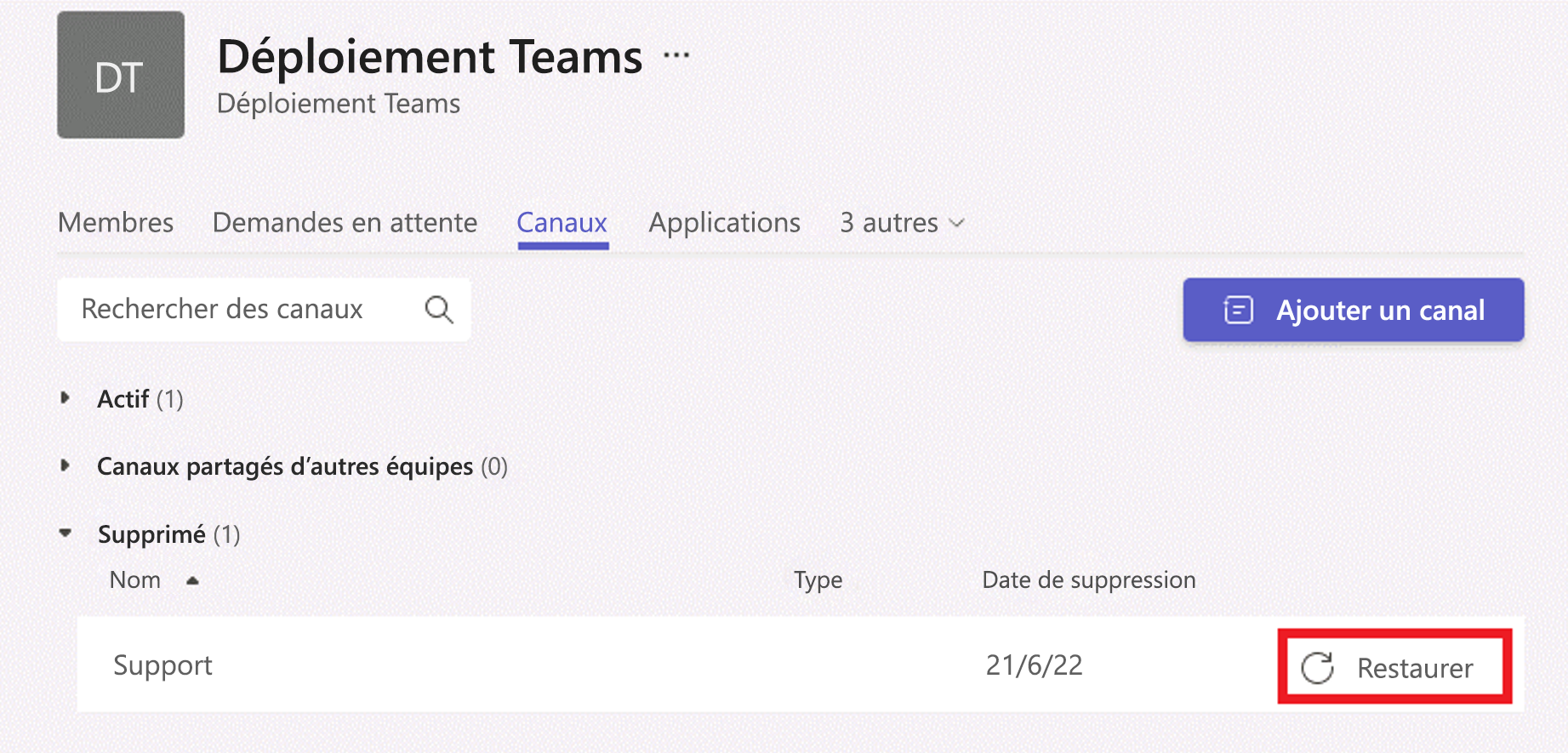  Capture d'écran de la restauration d'un canal supprimé à partir du client Teams.