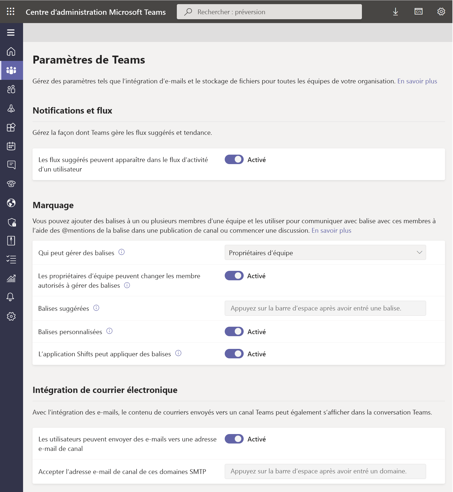 Capture d'écran du centre d'administration Microsoft Teams : paramètres Teams.