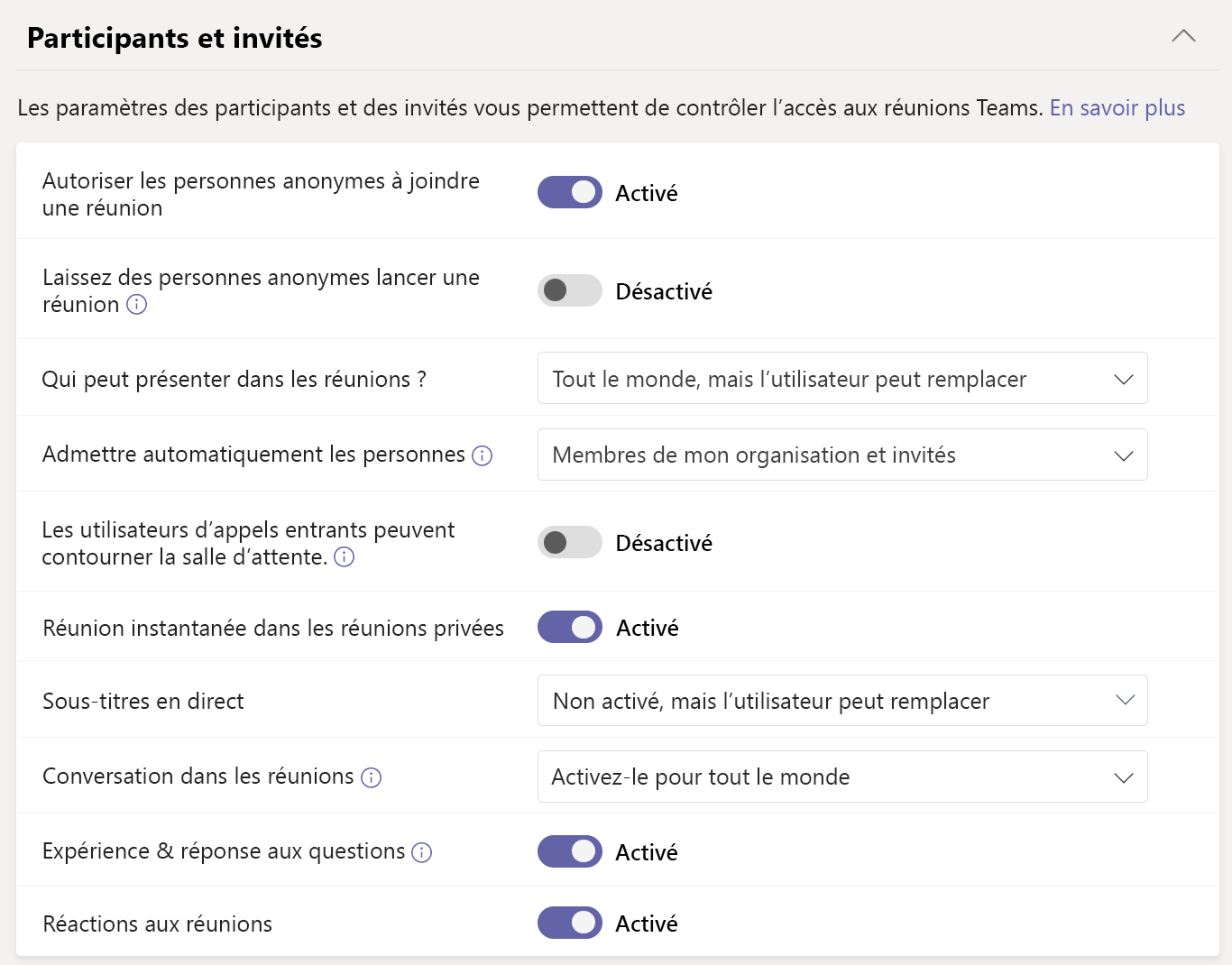 Capture d’écran des paramètres de participation à la réunion et de salle d’attente dans la stratégie de réunion.