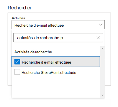 Capture d’écran de la fenêtre Rechercher avec l’option Recherche d’e-mails effectuée sélectionnée pour le paramètre Activités.