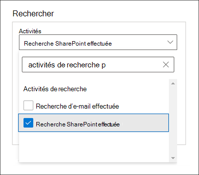 Capture d'écran de la fenêtre Recherche avec l'option Recherche SharePoint effectuée sélectionnée pour le paramètre Activités.