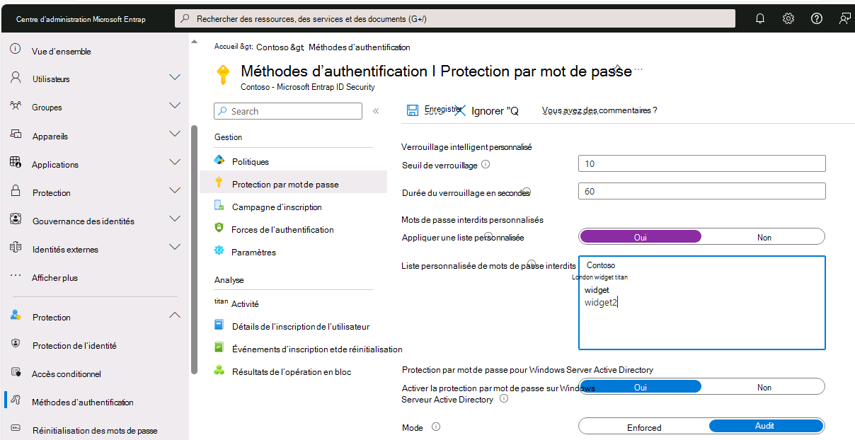 Capture d’écran de la page Protection par mot de passe montrant les entrées dans la liste des mots de passe interdits.