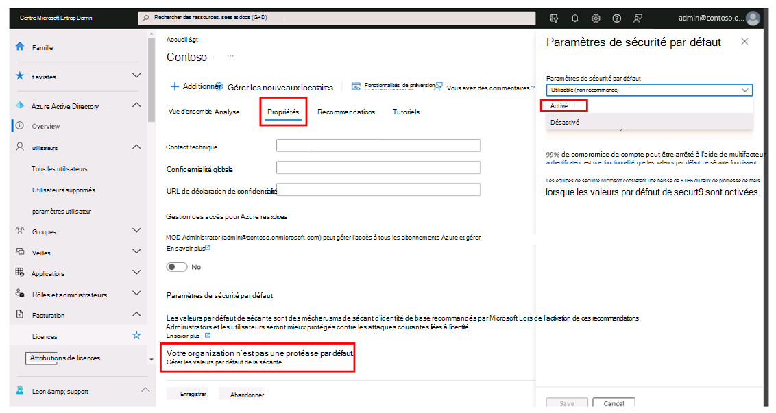 Capture d’écran montrant le volet Paramètres de sécurité par défaut dans le Centre d’administration Microsoft Entra.