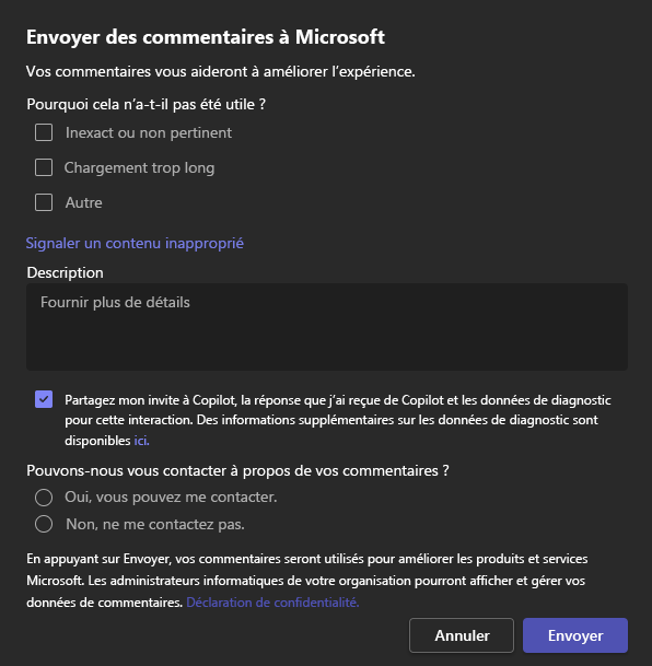 Capture d’écran montrant la requête de commentaires dans Business Chat.