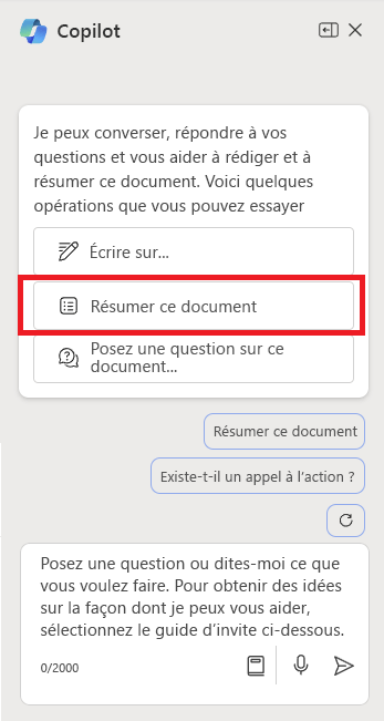 Capture d’écran du volet Copilot dans Word lors de la première ouverture.