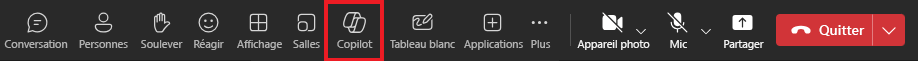 Capture d’écran de l’icône Copilot dans une réunion Teams.