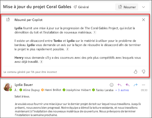 Capture d’écran de Résumé par Copilot dans Outlook.