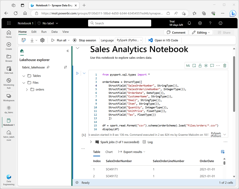 Capture d’écran d’un notebook dans Microsoft Fabric.