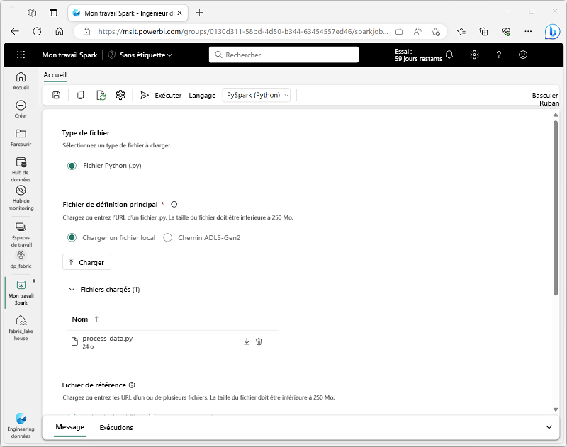 Capture d’écran d’une définition de travail Spark dans Microsoft Fabric.