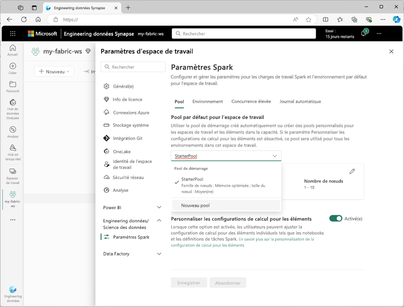 Capture d’écran de la page de paramètres Spark dans Microsoft Fabric.