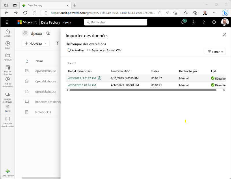 Capture d’écran de l’historique des exécutions d’un pipeline dans Microsoft Fabric.