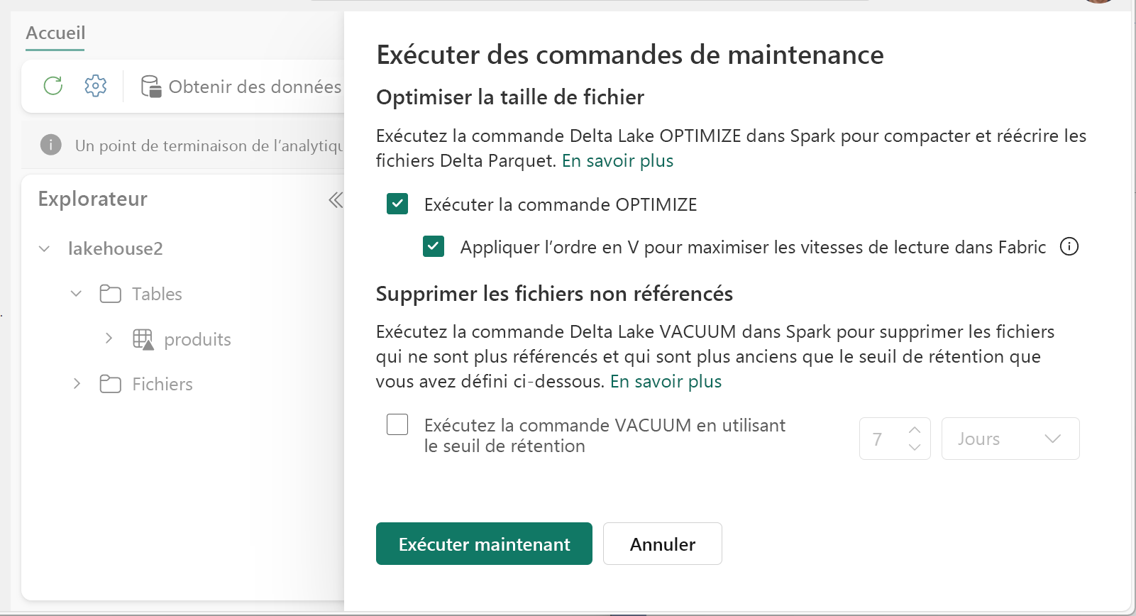 Image d’écran de la maintenance de table avec V-order sélectionné