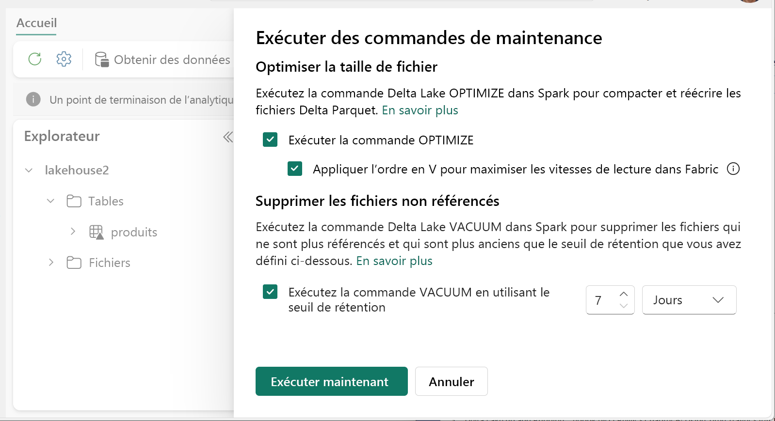 Image d’écran montrant les options de maintenance de table.