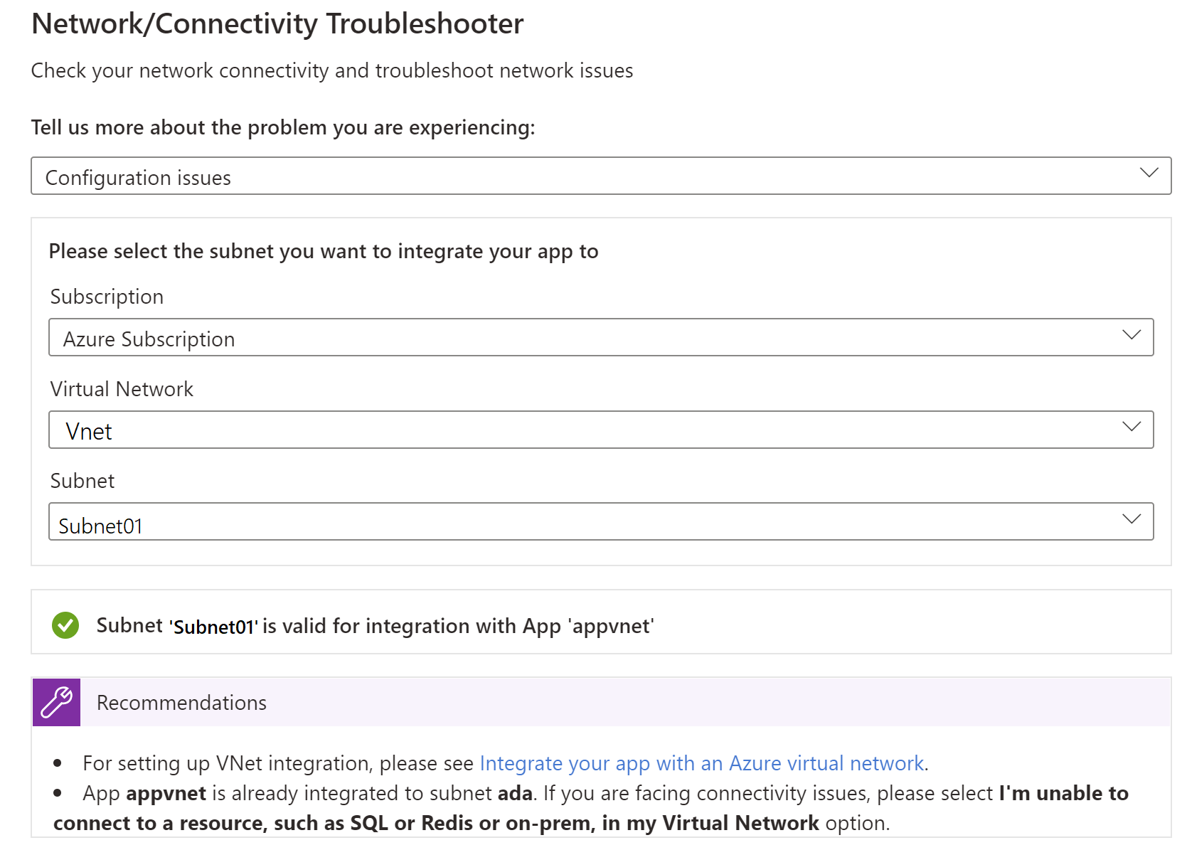 Capture d’écran montrant comment exécuter un utilitaire de résolution des problèmes de configuration dans le Portail Azure.