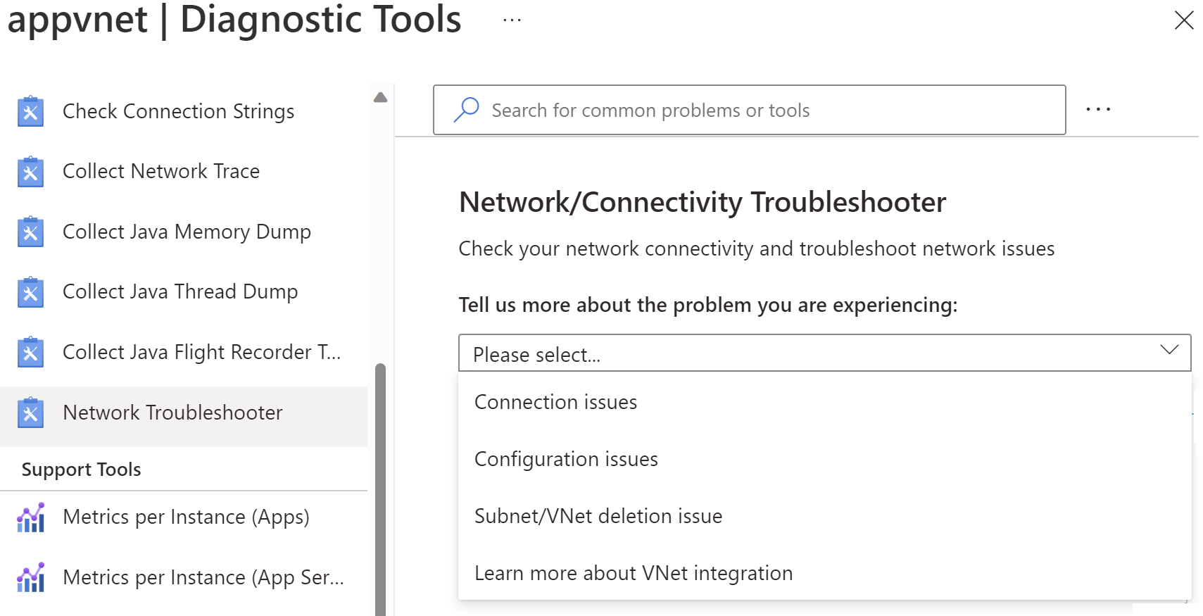 Capture d’écran montrant comment ouvrir l’utilitaire de résolution des problèmes réseau dans le Portail Azure.