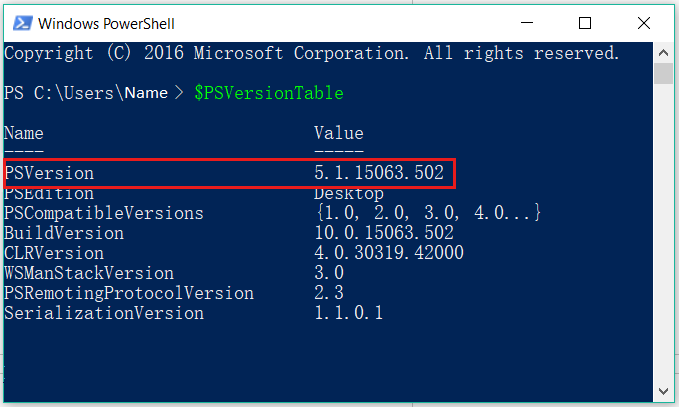 Capture d’écran de la version de Windows PowerShell.