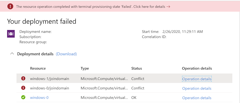 Capture d’écran montrant le message d’échec de votre déploiement.