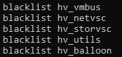 Capture d’écran montrant le contenu possible du fichier de configuration utilisé pour désactiver les modules/pilotes du noyau à l’aide de l’option d’installation.