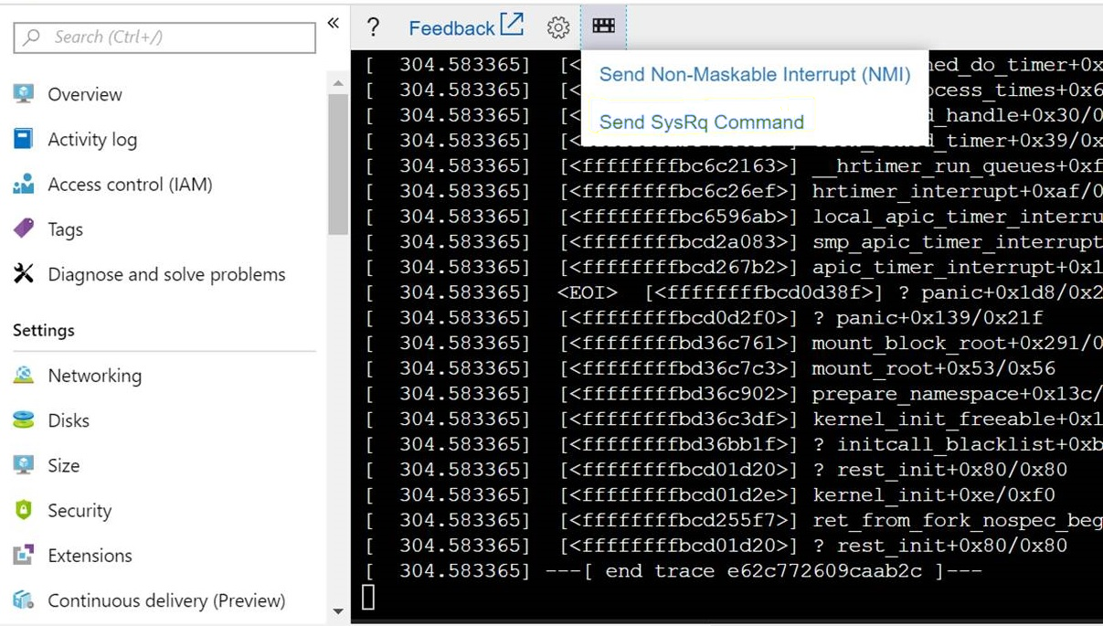 Capture d’écran de l’option Envoyer la commande SysRq sous l’icône du clavier dans la barre de boutons.