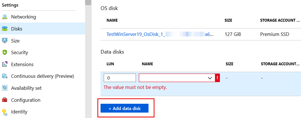 Capture d’écran de l’option Ajouter un disque de données sur le portail Azure.