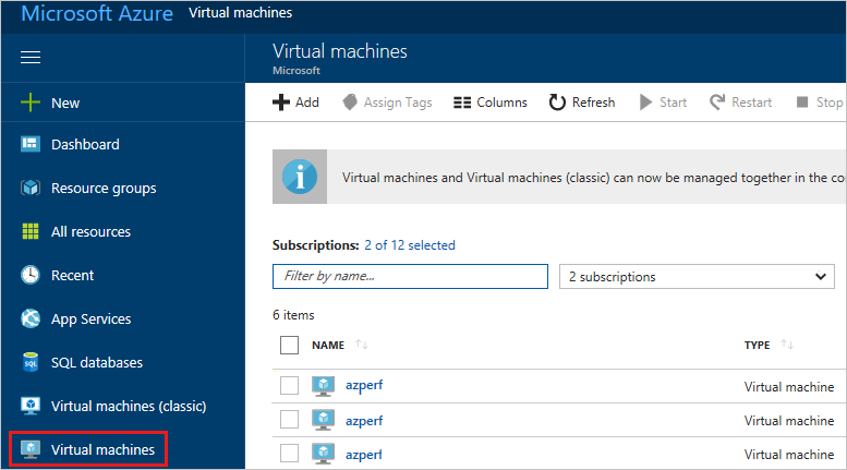 Capture d’écran du portail Azure, avec les machines virtuelles mises en surbrillance.