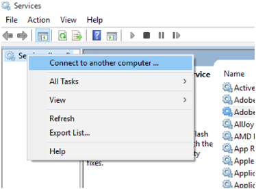 Capture d’écran de l’option Se connecter à un autre ordinateur dans le menu contextuel de Services (local).