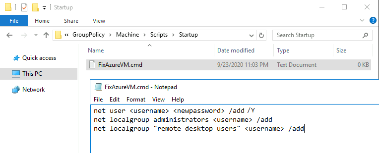 La capture d’écran montre le fichier FixAzureVM.cmd nouvellement créé dans lequel vous mettez à jour le nom d’utilisateur et le mot de passe.