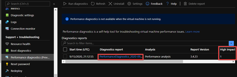 Capture d’écran d’un diagnostic de performances à impact élevé.