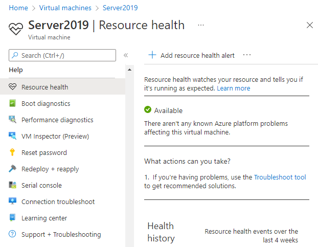 Capture d’écran d’un rapport V M sain, qui montre qu’il n’existe aucun problème de plateforme Azure connu affectant cette machine virtuelle.