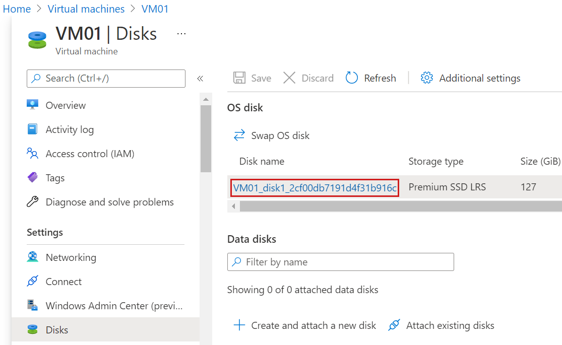 Capture d’écran du panneau Disques d’une machine virtuelle dans le portail Azure, montrant le disque du système d’exploitation mis en surbrillance.