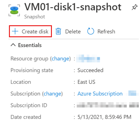 Capture d’écran du panneau Vue d’ensemble d’un instantané avec l’option créer un disque mise en surbrillance.