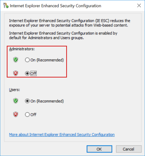 Capture d’écran de la boîte de dialogue pour la configuration de sécurité renforcée d’Internet Explorer, avec le paramètre désactivé pour les administrateurs.