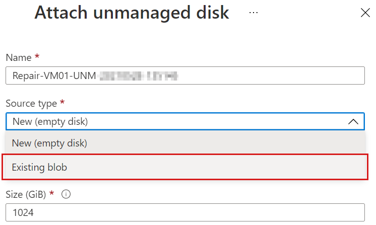 Capture d’écran de la fenêtre attacher un disque non managé avec l’option d’objet blob existante sélectionnée.