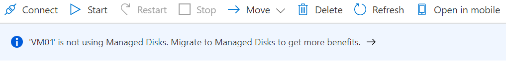 Capture d’écran d’un message de bannière dans Portail Azure indiquant qu’un disque virtuel n’utilise pas de disques managés.