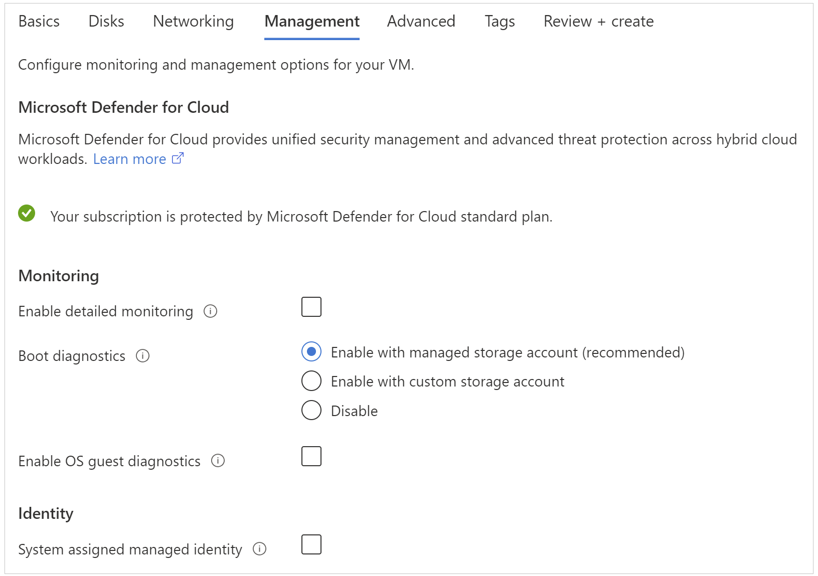 Capture d’écran des options de la page diagnostics de démarrage de la machine virtuelle