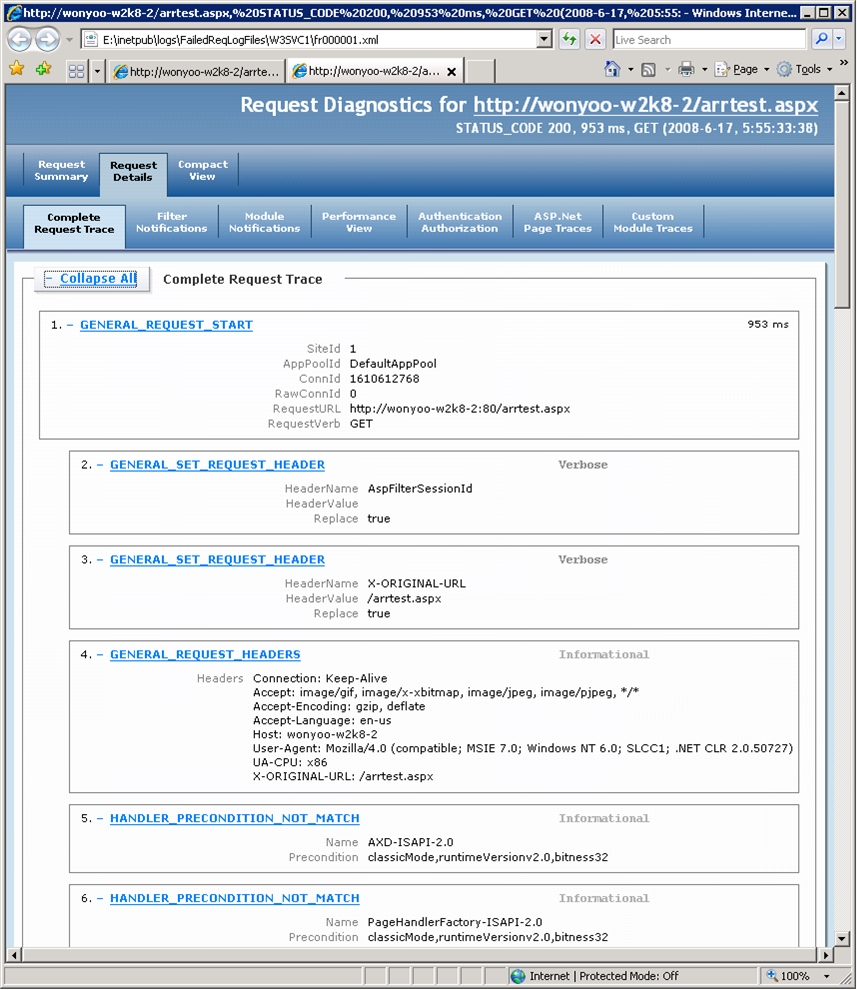 Capture d’écran d’une fenêtre de navigateur montrant les diagnostics de requête pour l’exemple de site web dans un onglet.