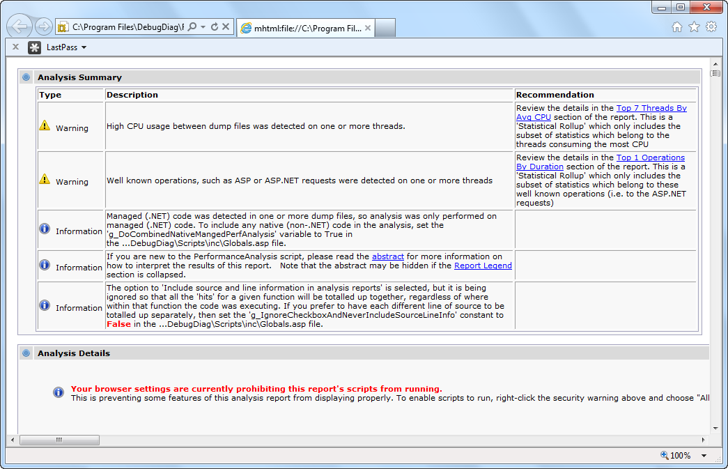 Capture d’écran montrant Internet Explorer. La page Debug Diag Analysis Report s’affiche.