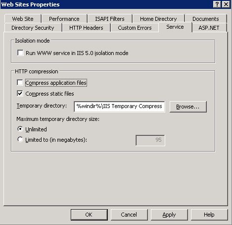 Capture d’écran de la compression HTTP avec Compresser les fichiers statiques sélectionnés et la taille maximale du répertoire temporaire définie sur illimité.