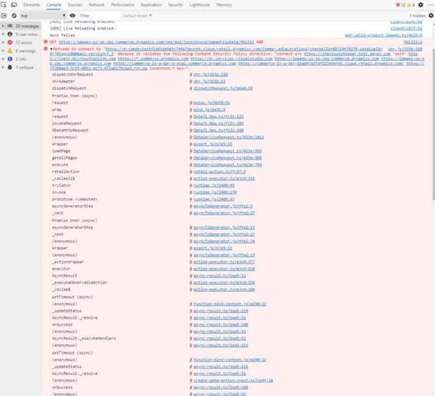 Capture d’écran montrant une erreur qui mentionne une violation de la directive de stratégie de sécurité de contenu dans les outils de débogueur d’un navigateur.