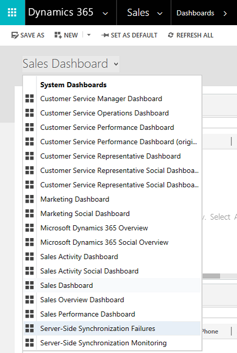 Capture d’écran pour sélectionner le tableau de bord Échecs de synchronisation côté serveur dans la liste des tableaux de bord.