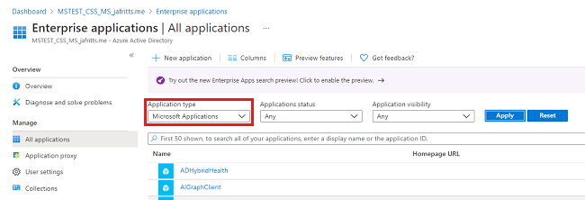 Capture d’écran du menu déroulant Type d’application dans lequel les applications Microsoft sont sélectionnées.