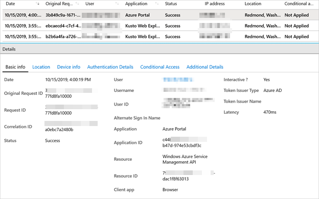 Capture d’écran d’un rapport de connexion dans l’ID Microsoft Entra.