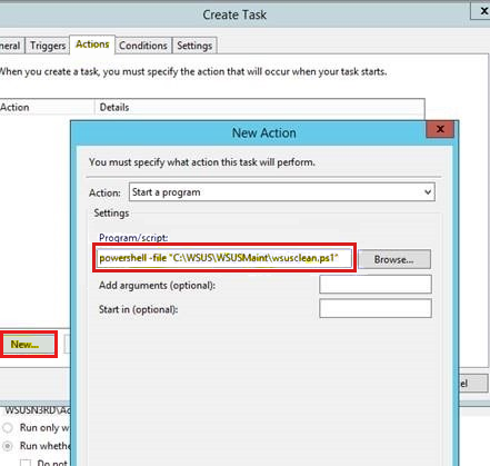 WSUS - Ajouter une ligne de script pour démarrer la tâche.