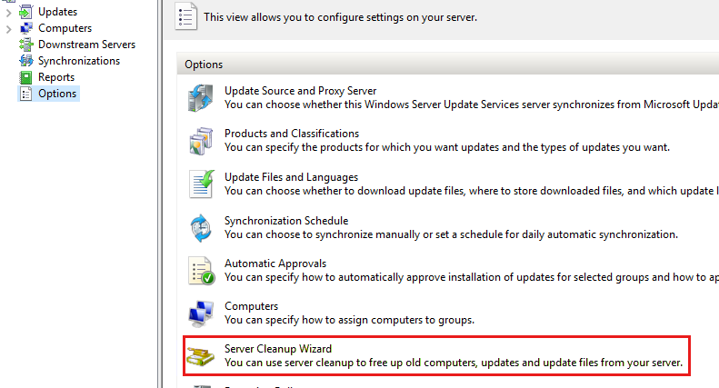 Capture d’écran de la page d’emplacement de l’Assistant Nettoyage du serveur WSUS.