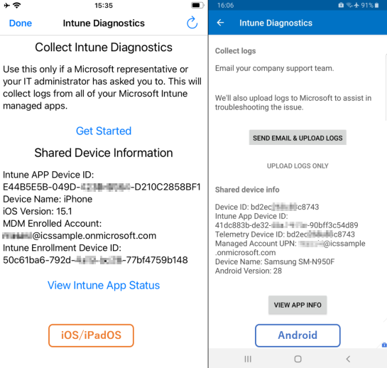 Captures d’écran côte à côte de Diagnostics Intune sur un appareil iOS/iPadOS (à gauche) et un appareil Android (à droite).