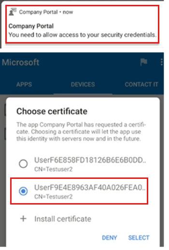 Capture d’écran d’un exemple de notification d’application Portail d’entreprise sur Android pour installer le profil de certificat SCEP.